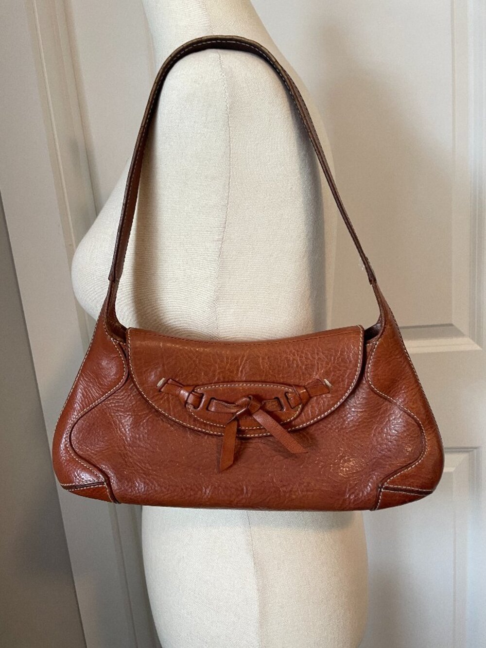 Vintage Kate Spade Tan Pebbled Leather Shoulder Bag Purse with Bow